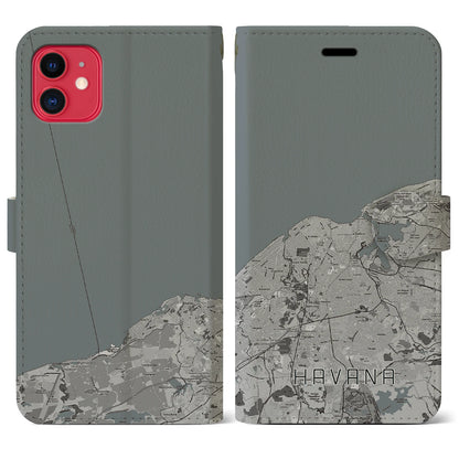 【ハバナ（キューバ）】地図柄iPhoneケース（手帳タイプ）モノトーン・iPhone 11 用