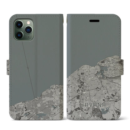 【ハバナ（キューバ）】地図柄iPhoneケース（手帳タイプ）モノトーン・iPhone 11 Pro 用