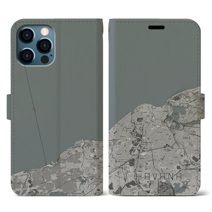【ハバナ（キューバ）】地図柄iPhoneケース（手帳タイプ）モノトーン・iPhone 12 / 12 Pro 用