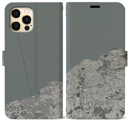 【ハバナ（キューバ）】地図柄iPhoneケース（手帳タイプ）モノトーン・iPhone 12 Pro Max 用