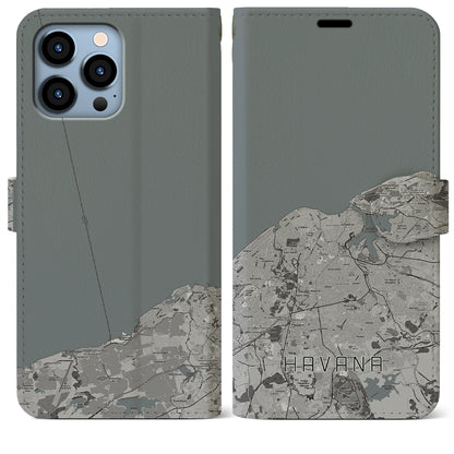 【ハバナ（キューバ）】地図柄iPhoneケース（手帳タイプ）モノトーン・iPhone 13 Pro Max 用