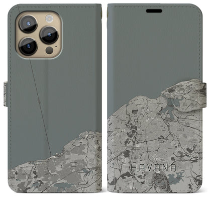 【ハバナ（キューバ）】地図柄iPhoneケース（手帳タイプ）モノトーン・iPhone 14 Pro Max 用