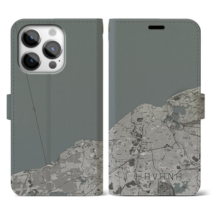 【ハバナ（キューバ）】地図柄iPhoneケース（手帳タイプ）モノトーン・iPhone 14 Pro 用