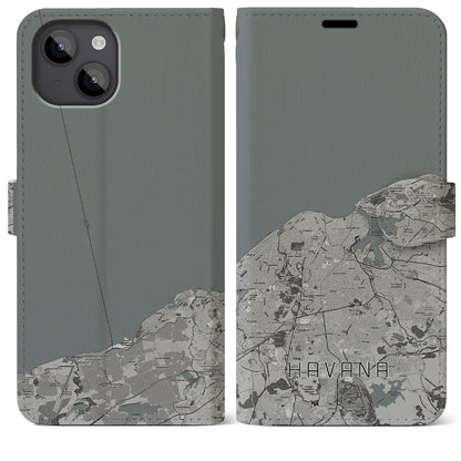 【ハバナ（キューバ）】地図柄iPhoneケース（手帳タイプ）モノトーン・iPhone 14 Plus 用