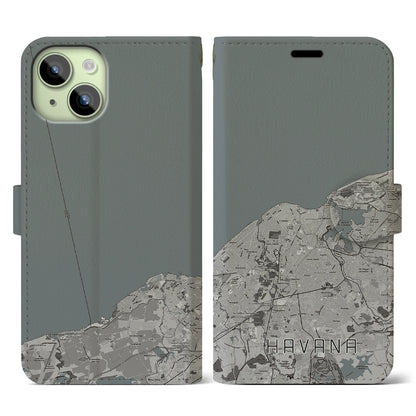 【ハバナ（キューバ）】地図柄iPhoneケース（手帳タイプ）モノトーン・iPhone 15 用