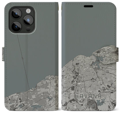 【ハバナ（キューバ）】地図柄iPhoneケース（手帳タイプ）モノトーン・iPhone 15 Pro Max 用