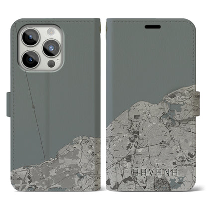 【ハバナ（キューバ）】地図柄iPhoneケース（手帳タイプ）モノトーン・iPhone 15 Pro 用