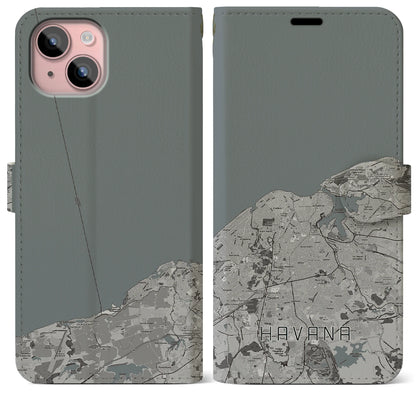 【ハバナ（キューバ）】地図柄iPhoneケース（手帳タイプ）モノトーン・iPhone 15 Plus 用