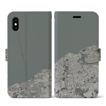 【ハバナ（キューバ）】地図柄iPhoneケース（手帳タイプ）モノトーン・iPhone XS / X 用