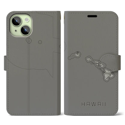 【ハワイ（アメリカ）】地図柄iPhoneケース（手帳タイプ）モノトーン・iPhone 15 用