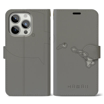 【ハワイ（アメリカ）】地図柄iPhoneケース（手帳タイプ）モノトーン・iPhone 15 Pro 用