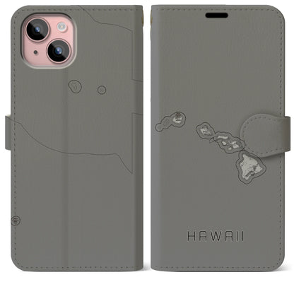 【ハワイ（アメリカ）】地図柄iPhoneケース（手帳タイプ）モノトーン・iPhone 15 Plus 用