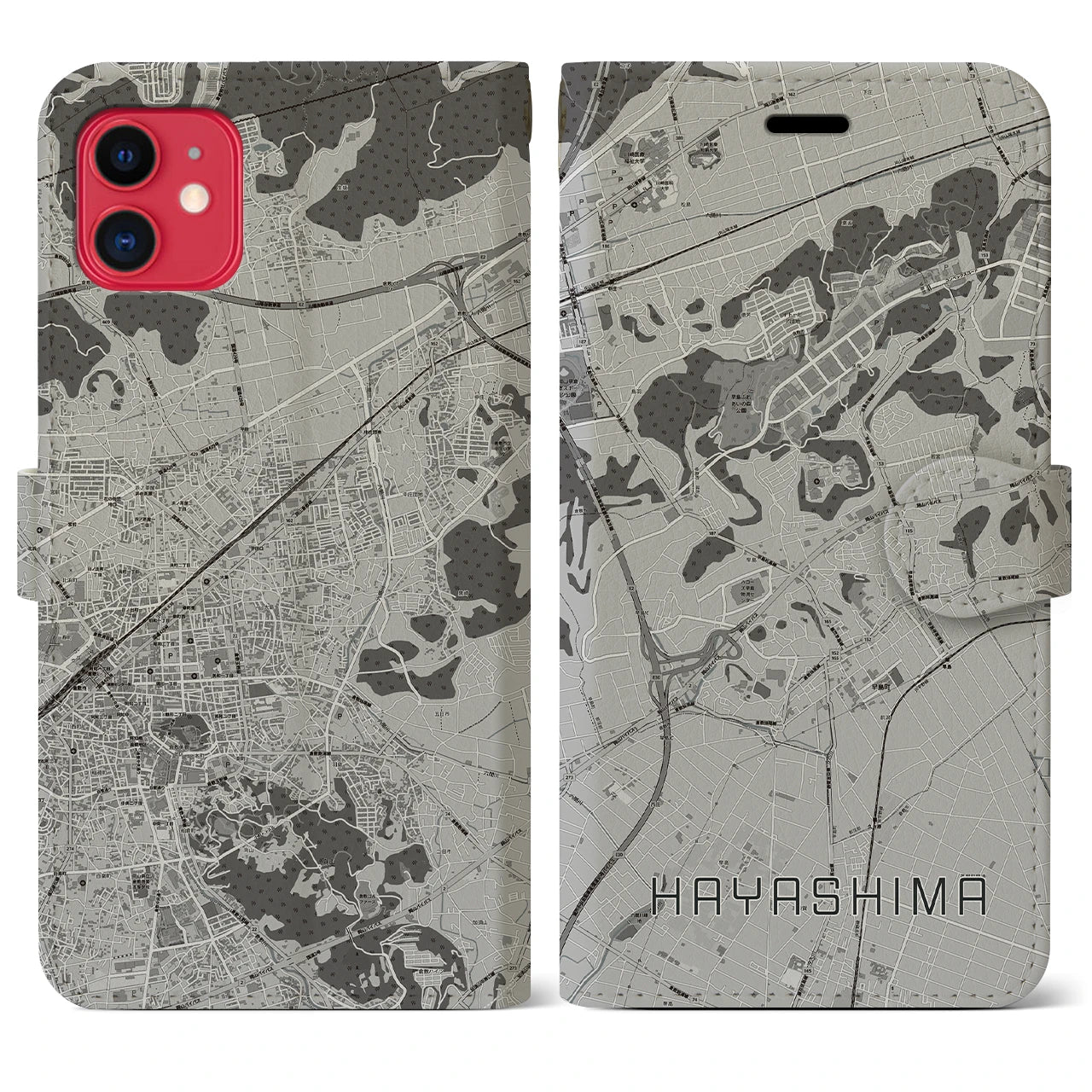 【早島】地図柄iPhoneケース（手帳両面タイプ・モノトーン）iPhone 11 用