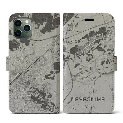 【早島（岡山県）】地図柄iPhoneケース（手帳タイプ）モノトーン・iPhone 11 Pro 用