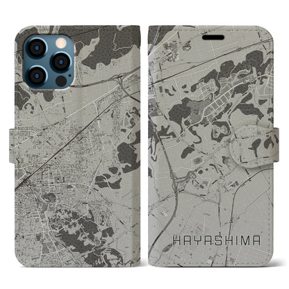 【早島（岡山県）】地図柄iPhoneケース（手帳タイプ）モノトーン・iPhone 12 / 12 Pro 用