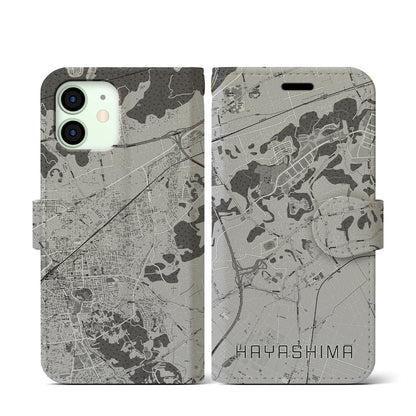 【早島（岡山県）】地図柄iPhoneケース（手帳タイプ）モノトーン・iPhone 12 mini 用