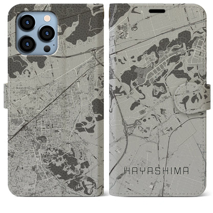 【早島（岡山県）】地図柄iPhoneケース（手帳タイプ）モノトーン・iPhone 13 Pro Max 用