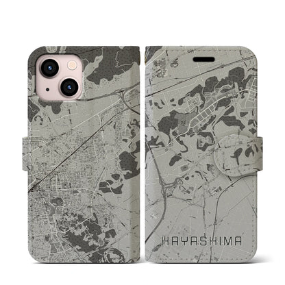 【早島（岡山県）】地図柄iPhoneケース（手帳タイプ）モノトーン・iPhone 13 mini 用