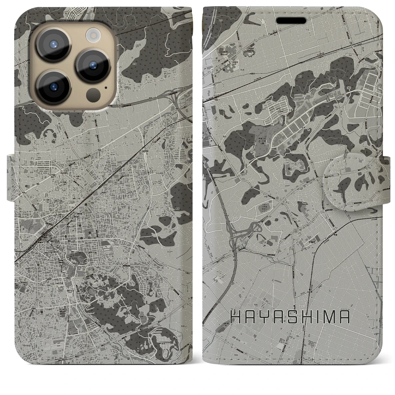 【早島】地図柄iPhoneケース（手帳両面タイプ・モノトーン）iPhone 14 Pro Max 用