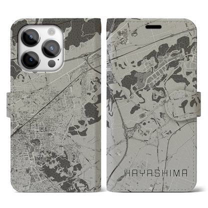 【早島（岡山県）】地図柄iPhoneケース（手帳タイプ）モノトーン・iPhone 14 Pro 用