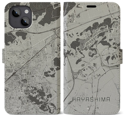 【早島（岡山県）】地図柄iPhoneケース（手帳タイプ）モノトーン・iPhone 14 Plus 用