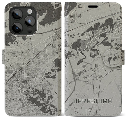 【早島（岡山県）】地図柄iPhoneケース（手帳タイプ）モノトーン・iPhone 15 Pro Max 用