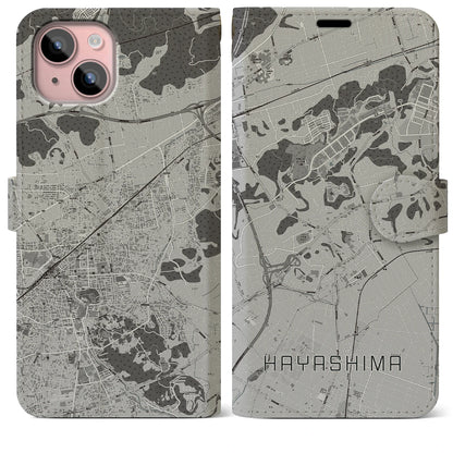 【早島（岡山県）】地図柄iPhoneケース（手帳タイプ）モノトーン・iPhone 15 Plus 用