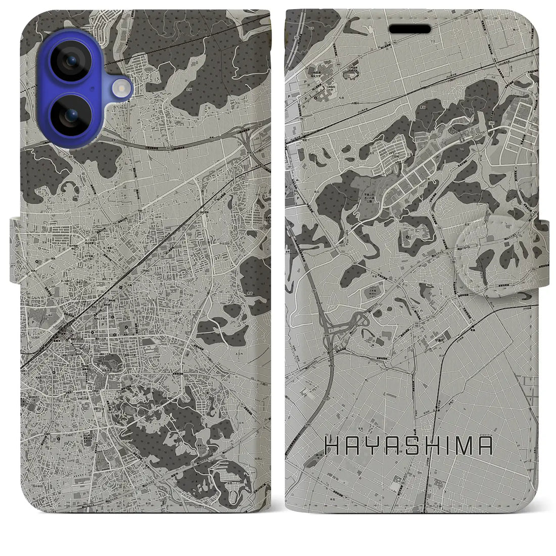 【早島(岡山県)】地図柄iPhoneケース(手帳タイプ)モノトーン・iPhone 16 Pro Max 用