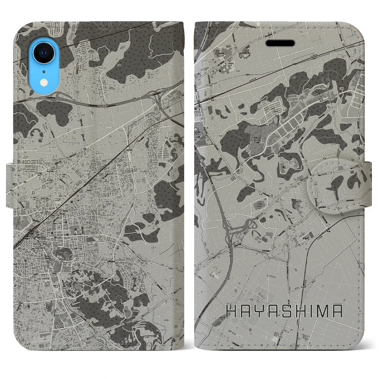【早島】地図柄iPhoneケース（手帳両面タイプ・モノトーン）iPhone XR 用