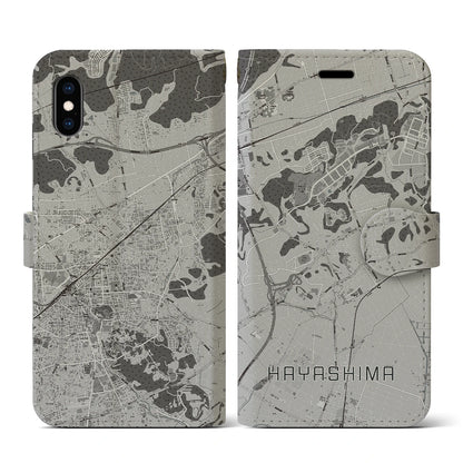 【早島（岡山県）】地図柄iPhoneケース（手帳タイプ）モノトーン・iPhone XS / X 用