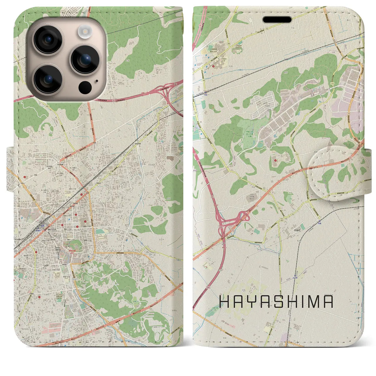 【早島（岡山県）】地図柄iPhoneケース（手帳タイプ）ナチュラル・iPhone 16 Plus 用