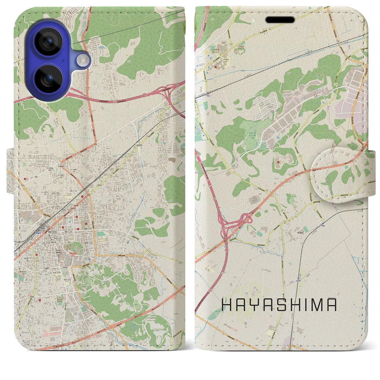 【早島（岡山県）】地図柄iPhoneケース（手帳タイプ）ナチュラル・iPhone 16 Pro Max 用