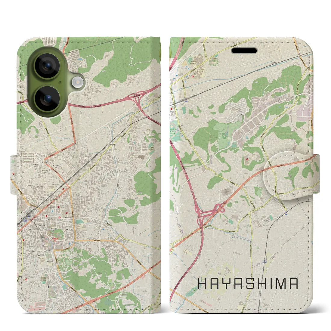 【早島（岡山県）】地図柄iPhoneケース（手帳タイプ）ナチュラル・iPhone 17 Pro Max 用