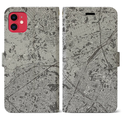 【羽沢横浜国大（神奈川県）】地図柄iPhoneケース（手帳タイプ）モノトーン・iPhone 11 用