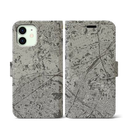 【羽沢横浜国大（神奈川県）】地図柄iPhoneケース（手帳タイプ）モノトーン・iPhone 12 mini 用