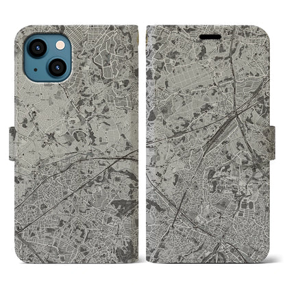 【羽沢横浜国大（神奈川県）】地図柄iPhoneケース（手帳タイプ）モノトーン・iPhone 13 用