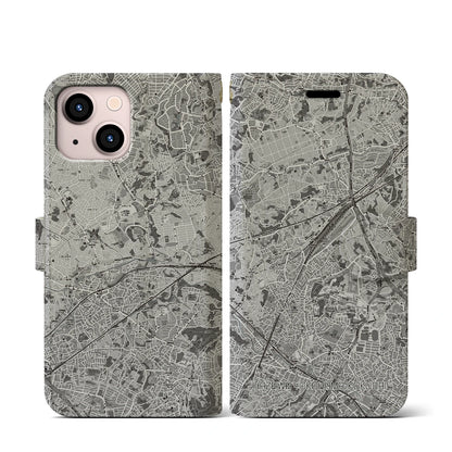 【羽沢横浜国大（神奈川県）】地図柄iPhoneケース（手帳タイプ）モノトーン・iPhone 13 mini 用