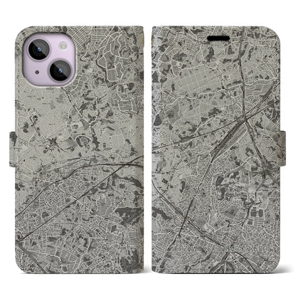 【羽沢横浜国大（神奈川県）】地図柄iPhoneケース（手帳タイプ）モノトーン・iPhone 14 用