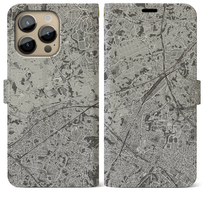 【羽沢横浜国大（神奈川県）】地図柄iPhoneケース（手帳タイプ）モノトーン・iPhone 14 Pro Max 用