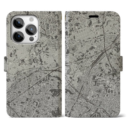 【羽沢横浜国大（神奈川県）】地図柄iPhoneケース（手帳タイプ）モノトーン・iPhone 14 Pro 用