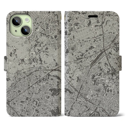 【羽沢横浜国大（神奈川県）】地図柄iPhoneケース（手帳タイプ）モノトーン・iPhone 15 用