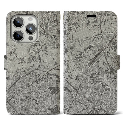 【羽沢横浜国大（神奈川県）】地図柄iPhoneケース（手帳タイプ）モノトーン・iPhone 15 Pro 用