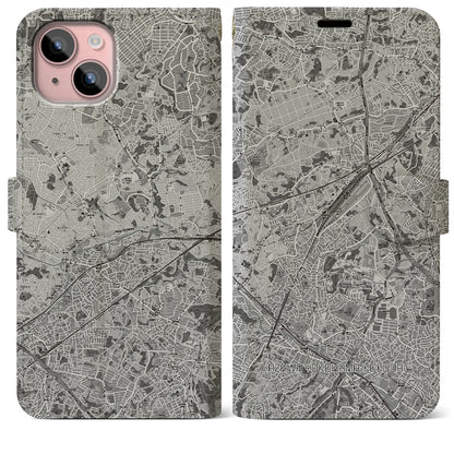 【羽沢横浜国大（神奈川県）】地図柄iPhoneケース（手帳タイプ）モノトーン・iPhone 15 Plus 用