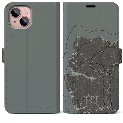 【戸田（静岡県）】地図柄iPhoneケース（手帳タイプ）モノトーン・iPhone 15 Plus 用