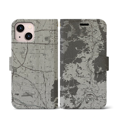 【平群（奈良県）】地図柄iPhoneケース（手帳タイプ）モノトーン・iPhone 13 mini 用