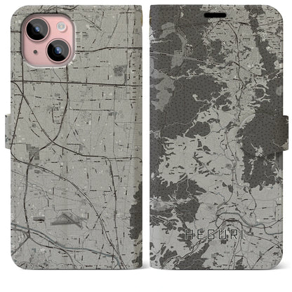 【平群（奈良県）】地図柄iPhoneケース（手帳タイプ）モノトーン・iPhone 15 Plus 用