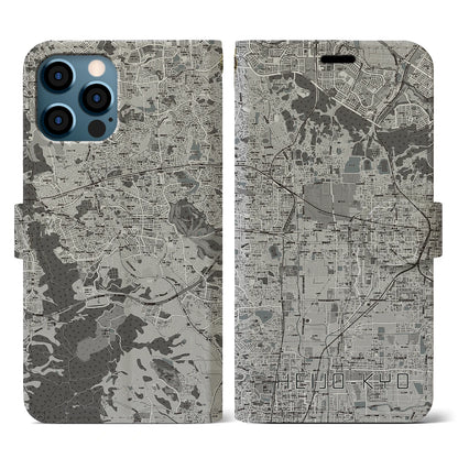 【平城京（奈良県）】地図柄iPhoneケース（手帳タイプ）モノトーン・iPhone 12 / 12 Pro 用