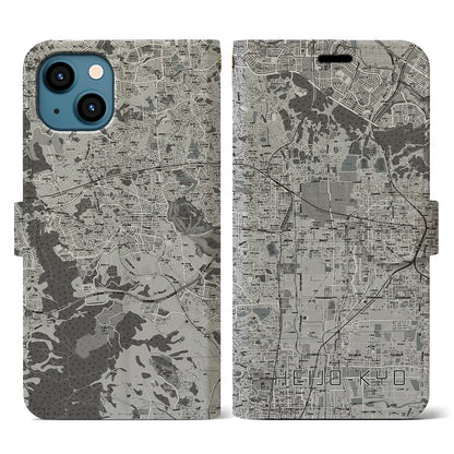 【平城京（奈良県）】地図柄iPhoneケース（手帳タイプ）モノトーン・iPhone 13 用