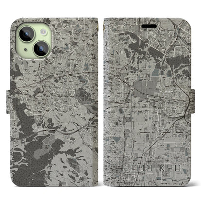 【平城京（奈良県）】地図柄iPhoneケース（手帳タイプ）モノトーン・iPhone 15 用