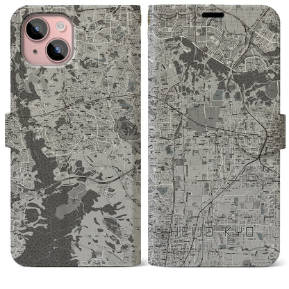 【平城京（奈良県）】地図柄iPhoneケース（手帳タイプ）モノトーン・iPhone 15 Plus 用